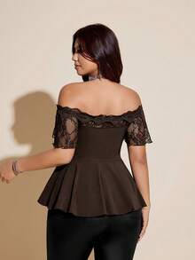 Viva Relle Plus Size Sexy Lace Patchwork Off Shoulder Black Slim Fit Blouse - Coffee Brown - View 6