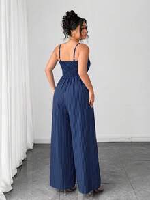 Elenzga Tuta elegante con stampa floreale e cintura regolabile per donne taglia forte, adatta per l'inizio della primavera - Blu Navy - Visualizzare 2
