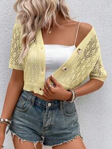 EMERY ROSE Cardigan Rajut Kasual Lengan Pendek Bahu Reguler Warna Polos dengan Kancing Depan Model Crop - Kuning muda - View 4