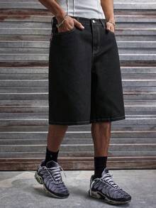 AXEPEAK Pantalones cortos de mezclilla casuales y holgados con bordado floral para hombres - Negro - Ver 3