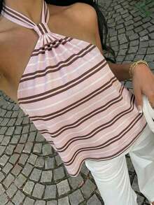 SHEIN EZwear Women's Striped Casual Versatile Halter Top - Multicolor - View 6