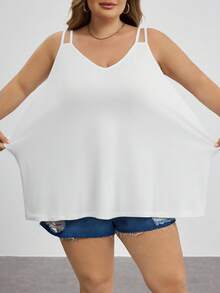 SHEIN CURVE+ Áo tank top cổ chữ V đơn giản, thoải mái dành cho phụ nữ cỡ lớn, phù hợp cho mùa hè, áo tank top trắng cổ chữ V, áo tank top đi học. - trắng - Xem 3