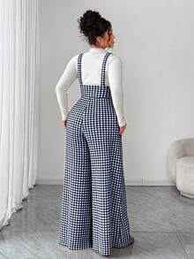 SHEIN Tall CURVE 大尺碼全印花斜口袋優雅休閒寬腿連身褲 正式辦公穿搭 海軍藍 秋季 - 藏蓝色 - 查看 2