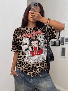 Betty Boop x SHEIN Áo thun nữ tay ngắn cổ tròn in họa tiết da báo - trắng - Xem 4