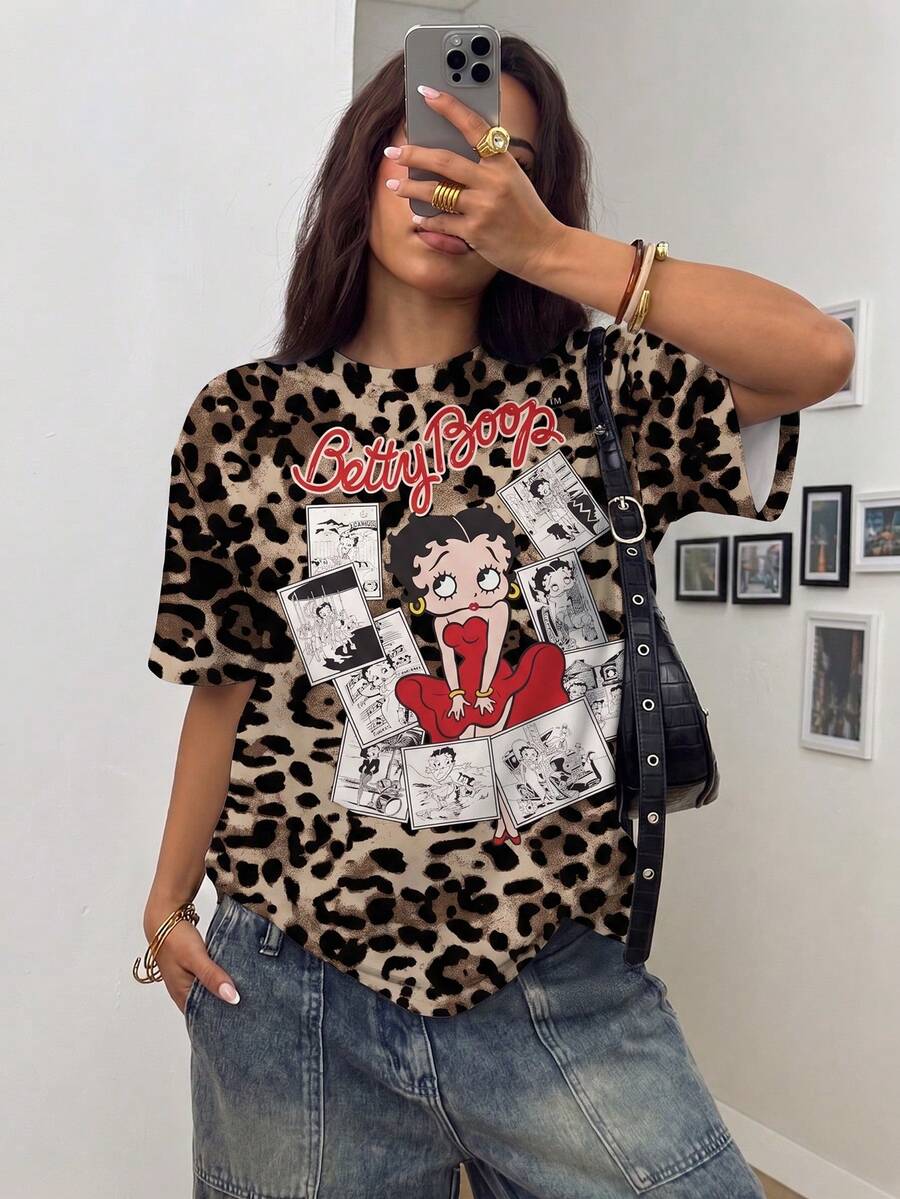 Betty Boop x SHEIN 女士豹纹圆领短袖T恤 - 白色 - 查看 1
