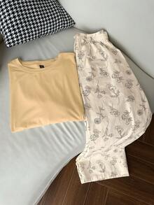 Dazy Plus 两件套春夏家居服套装，纯色宽松T恤上衣和花卉线条印花睡裤睡衣套装 - 黃色 - 查看 7
