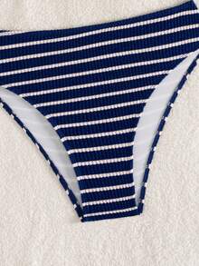 Swim Vcay V-Neck Wide Strap Striped Casual Bikini Set - Blue - View 8