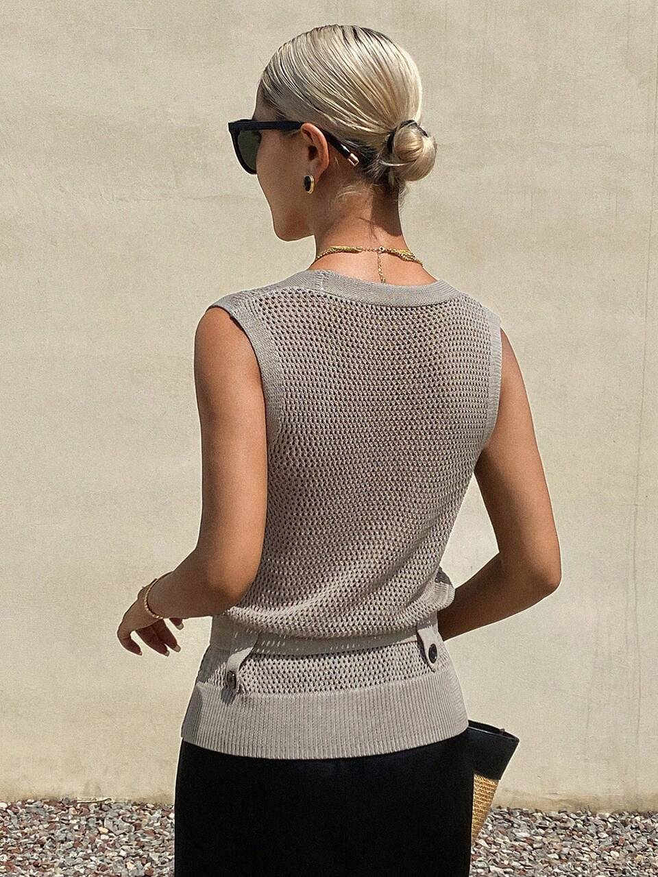 Solid Color Loose Hollow V-Neck Belted Casual Vacation Summer Women Cardigan Vacation Grey