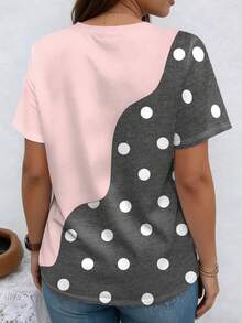EMERY ROSE Patchwork Design Polka Dot Print V-Neck Short Sleeve Fashionable Plus Size T-Shirt Holiday Summer Traditional - Multicolor - View 2