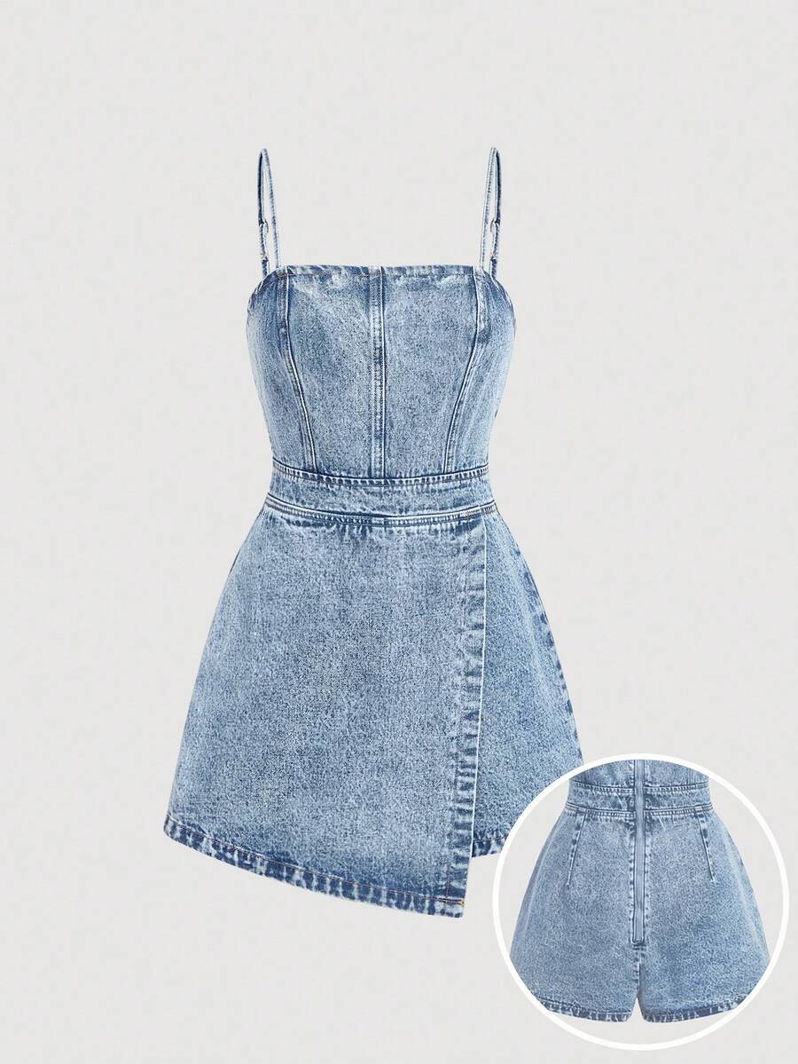 SHEIN MOD Plus Size Denim Jumpsuit, Casual Fitted Mini Blue - Light Wash - View 1
