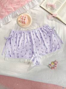 PetitDoll Bộ đồ mặc nhà thoải mái cỡ lớn dành cho Ngày Valentine: Quần lót xẻ tà, họa tiết sọc xanh hình ngôi sao và nơ. - Màu tím hoa cà - Xem 3