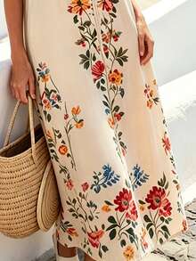 SHEIN Holidaya Đầm maxi dài không tay cổ tròn in hoa màu mơ mới cho nữ mùa hè 2026, kiểu dáng thanh lịch, rộng rãi, thoải mái cho kỳ nghỉ đi biển. - Màu be - Xem 5