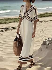 SHEIN Holidaya Women's V-Neck Half Sleeve Umbrella Dress, White, Summer, Boho Sexy, Holiday, Tea Party Golf, Digital Striped Print Beach Aegean Sea - Multicolor - View 7
