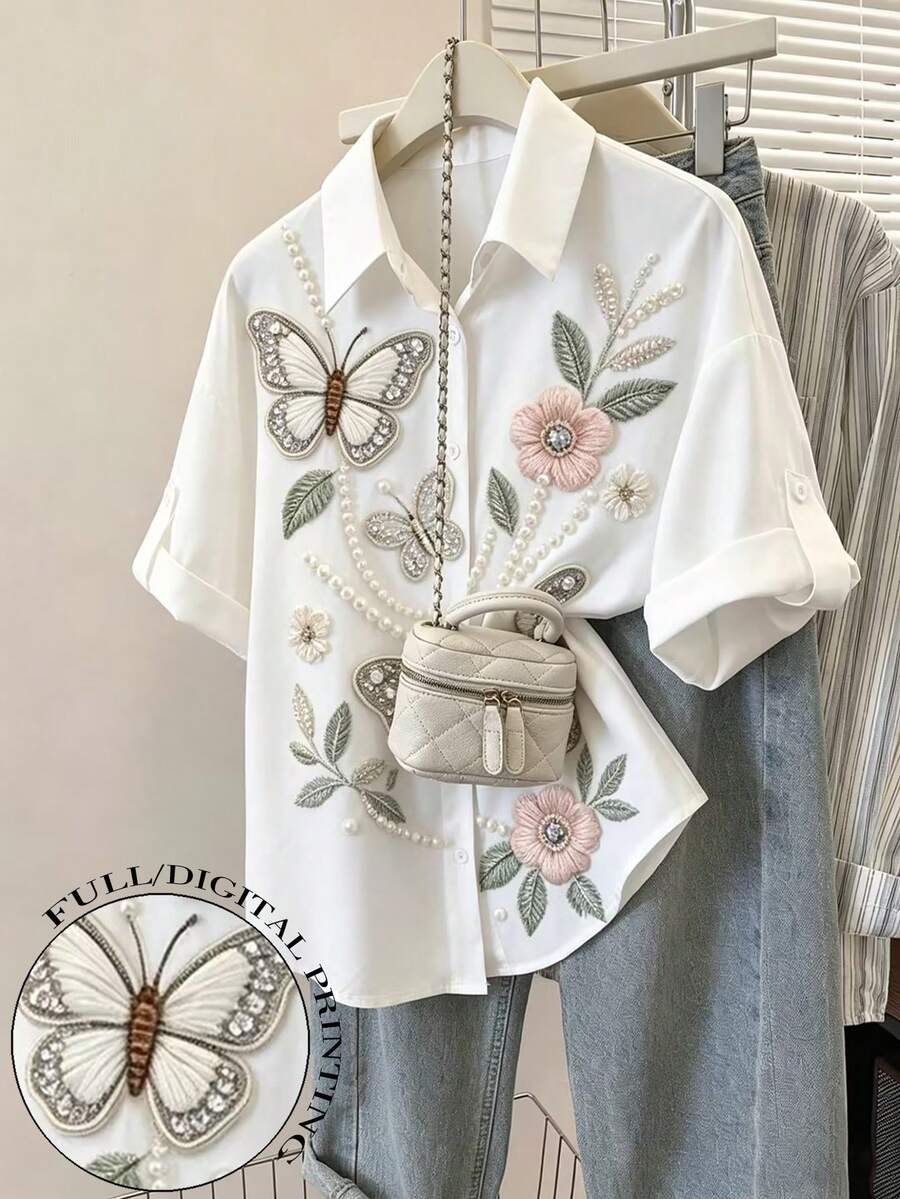 Resyla 女士夏季休闲度假花卉蝴蝶图案宽松卷边袖衬衫 - 白色 - 查看 1