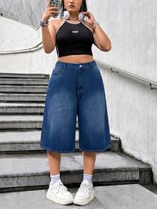 Dripcurv Plus Size Casual Loose Summer Washed Slant Pocket Wide Leg Cropped Jeans - Dark Wash - View 6