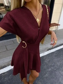 MSSiren Gaze Vestido envolvente mini de manga de murciélago de mezcla de lino, vestido casual de playa y vacacionesMS2-15 1GT0 - Burdeos - Ver 6