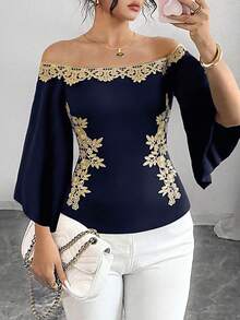 Elenzga Chemise d'été élégante à épaules dénudées avec broderie florale, grande taille - Bleu marine - Voir 3