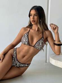 Aloruh Bộ bikini sọc gợi cảm mới dành cho nữ mùa xuân/hè, màu nâu và xanh dương, trang phục đi biển quyến rũ. - Nhiều màu - Xem 5
