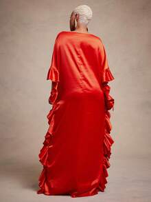 Vixey Đầm Kaftan maxi dáng suông, cổ thuyền, chi tiết bèo nhún, chất liệu satin trơn. - trái cam - Xem 2