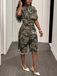 Slaydiva Bộ jumpsuit denim nữ kiểu dáng thường ngày với thiết kế vai bất đối xứng, thích hợp mặc hàng ngày. - xanh quân đội - Xem 4