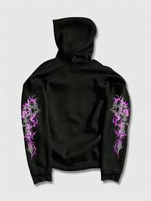 ROMWE MEN Goth 男士连帽长袖抽绳时尚印花拉链卫衣 - 黑色 - 查看 4