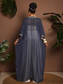 Maweii Plus Size Women's Casual Wear Chiffon Watermark Polka Dot Patchwork Contrast Color Geometric Print Loose Long Open-Front Shirt - Royal Blue - View 2