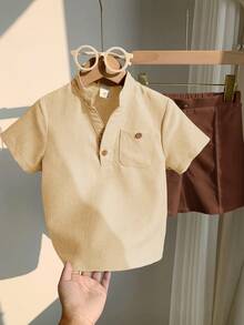 SHEIN LMoss Kids 2pcs Kids Boys Casual V-Neck Short Sleeve Shirt And Shorts Set - Multicolor - View 6