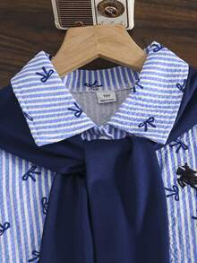 SHEIN Girls Back To School Summer Cute Casual School Blue White Short Sleeve Embroidered Dress Older - Blue - View 4
