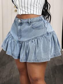 Slaydiva Plus Size Plain Simple Casual Denim Mini Skirt - Light Wash - View 3