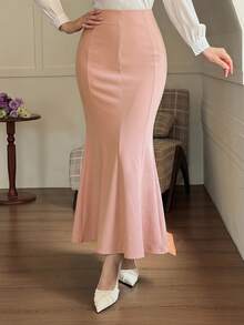 DAZY Women's Elegant Elegant Daily Commute Minimalist Solid Color Fishtail Hem Fitted Skirt - Baby Pink - View 4