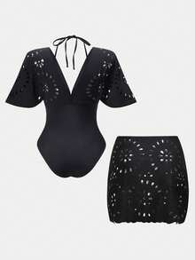 Swim Oasis 26SS Baju Renang Terusan Motif Bunga Hitam Elegan Leher V dengan Rok, Set 2 Potong, Musim Semi/Panas - Hitam - View 2