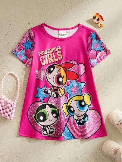 THE POWERPUFF GIRLS X SHEIN Đầm hè ngắn tay cổ tròn họa tiết hoạt hình dễ thương cho bé gái