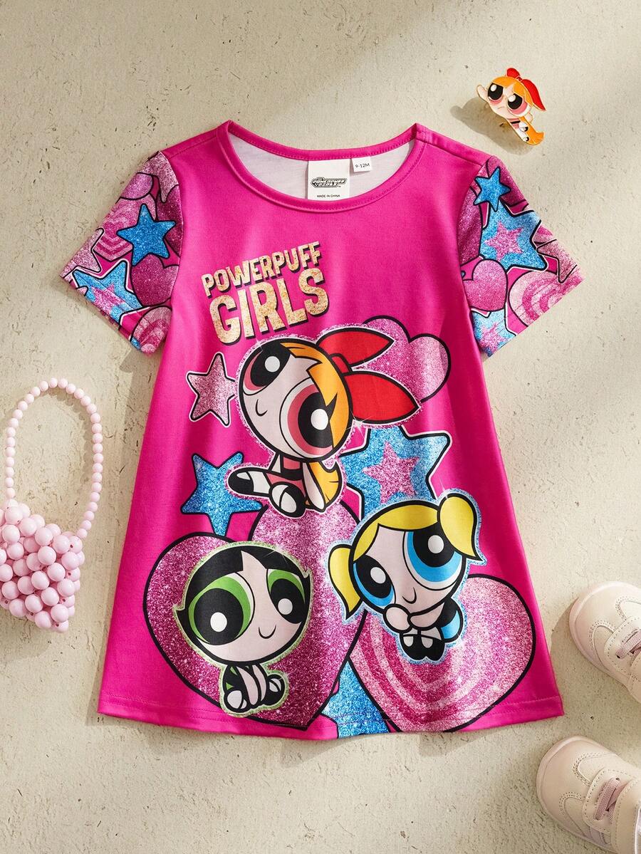 THE POWERPUFF GIRLS X SHEIN Đầm hè ngắn tay cổ tròn họa tiết hoạt hình dễ thương cho bé gái - Hồng - Xem 1