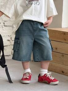 Young BoyLoose Fit Wide Leg Blue Denim Cargo Pants - Dark Wash - View 5