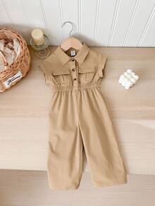 SHEIN LMoss Kids Bộ áo liền quần mùa hè dễ thương tay ngắn cổ bẻ cho bé gái - Màu be - Xem 5