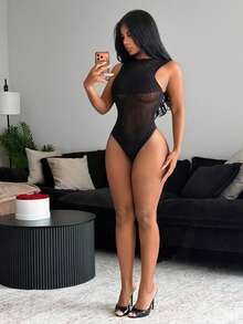 BamGleam Body de malla transparente y calado sexy para mujer, adecuado para fiestas en discotecas durante el verano - Negro - Ver 2