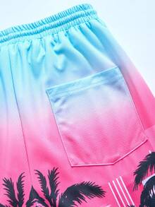 ROMWE MEN Street Life Casual Spring/Summer Beach Vacation Pattern Coconut Tree Letter Drawstring Waist Shorts, School Style - Multicolor - View 7
