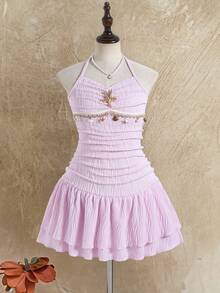 Sparklyn Tween Girls' Vacation Casual Starfish Pendant Decor Sleeveless Dress - Pink - View 8