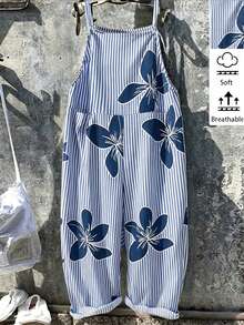 EMERY ROSE Plus Size Loose Minimalist Vertical Striped Print Jumpsuit - Blue and White - View 1