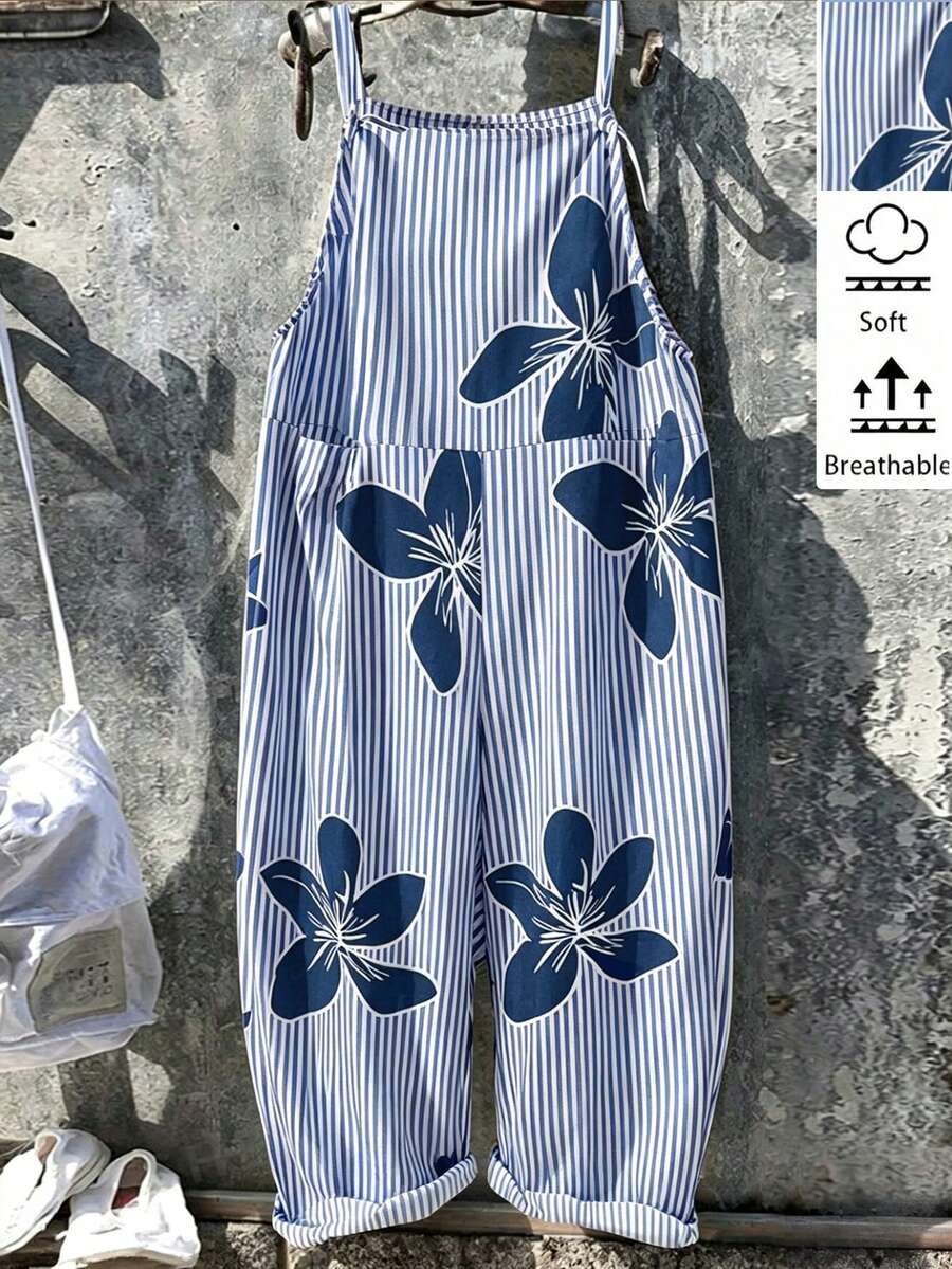 EMERY ROSE Plus Size Loose Minimalist Vertical Striped Print Jumpsuit - Blue and White - View 1