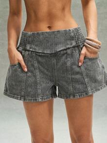 Bohemela Quần short denim nữ cạp thấp kiểu vintage, lưng thun co giãn. - Màu xanh nhạt - Xem 7