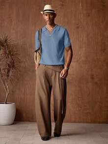 AKNOTIC Business Casual 男士休闲V领短袖针织衫，纯色，夏季度假 - 霧霾藍 - 查看 5
