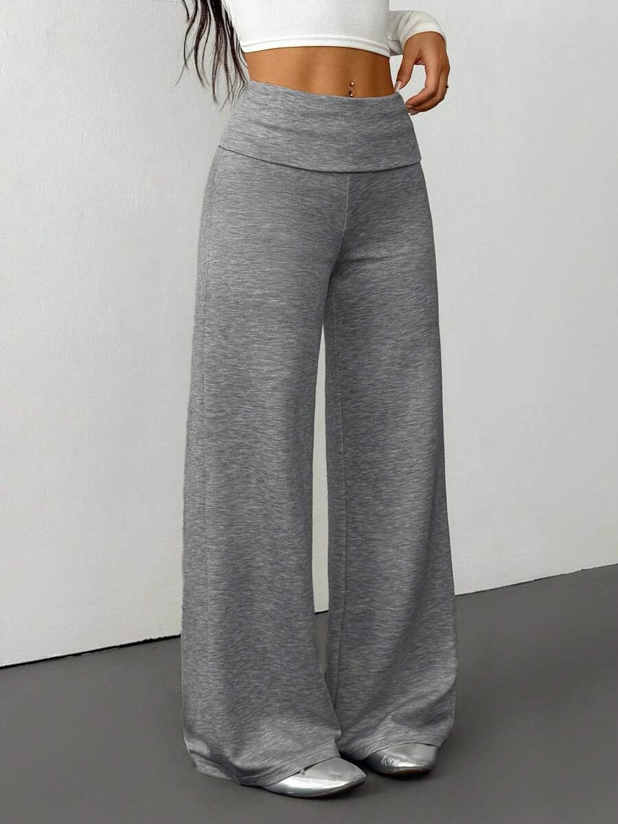 SHEIN PETITE Quần thể thao nữ màu trơn, ống rộng, cạp gập, dáng suông, thích hợp mặc ở nhà vào mùa thu và mùa đông. - Màu xám đen - Xem 1