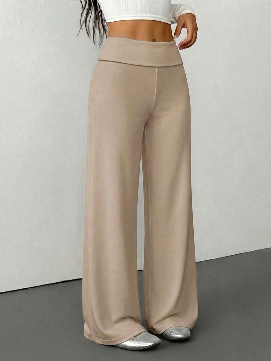 SHEIN PETITE Quần thể thao nữ màu trơn, ống rộng, cạp gập, dáng suông, thích hợp mặc ở nhà vào mùa thu và mùa đông. - Màu Khaki - Xem 1
