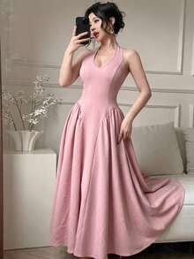 Joudiya Vestido midi elegante sin mangas y con espalda descubierta, adecuado para primavera/verano, fiestas, bodas, festivales de música, vacaciones casuales, ir al trabajo - Rosa - Ver 3