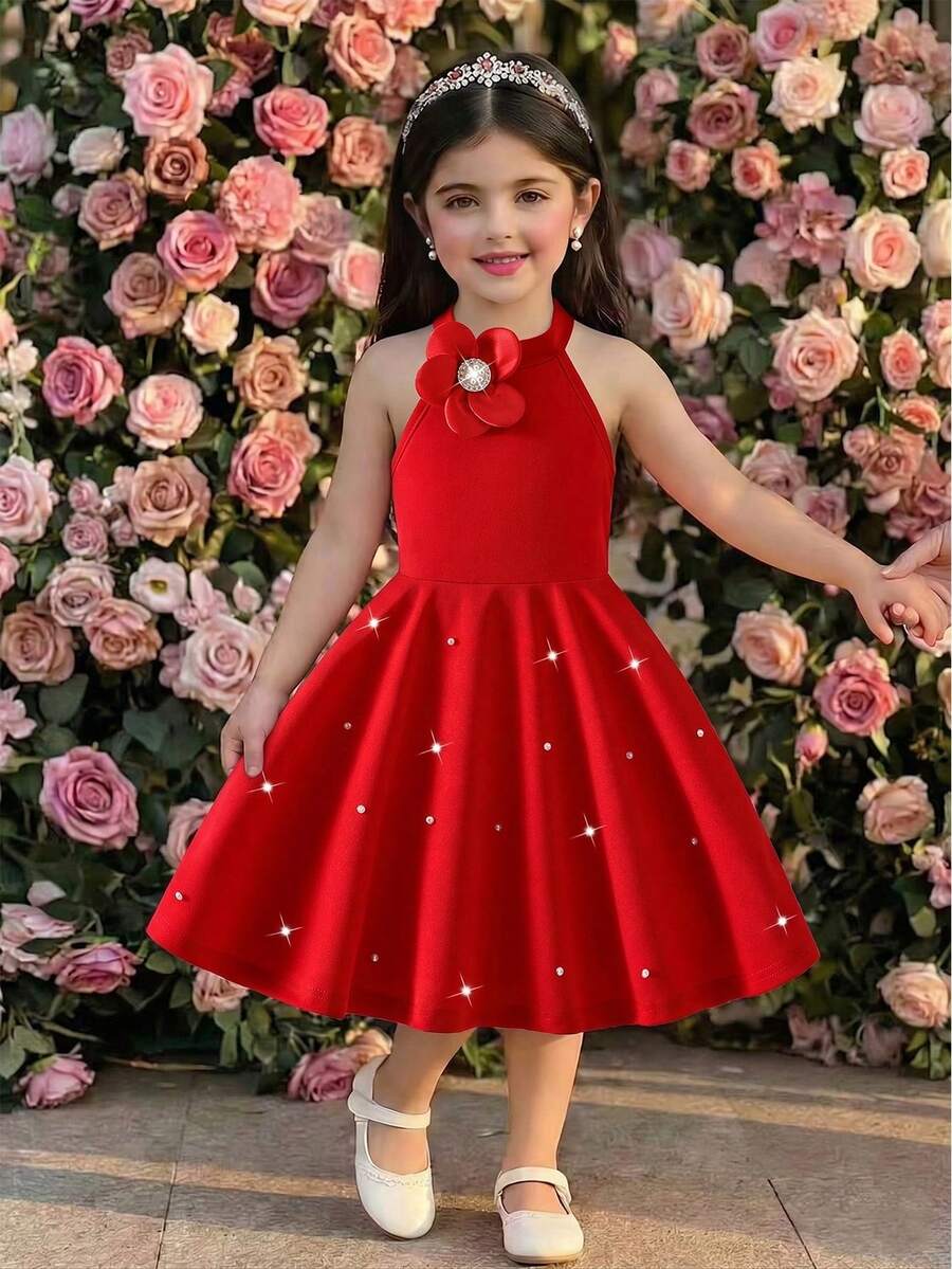 Elladie kids 少女掛脖花卉珍珠裝飾A字版型派對洋裝，1件裝，甜美公主風，適合生日派對、聚會