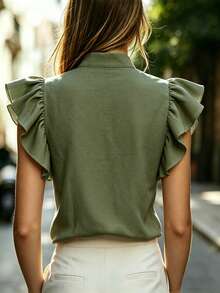EMERY ROSE Women's V-Neck Cap Sleeve Blouse, Comfortable Fabric, Suitable For Vacation, Daily Wear, Casual, Beach, Date, Party, Urban Summer Holiday, Versatile - Army Green - View 2