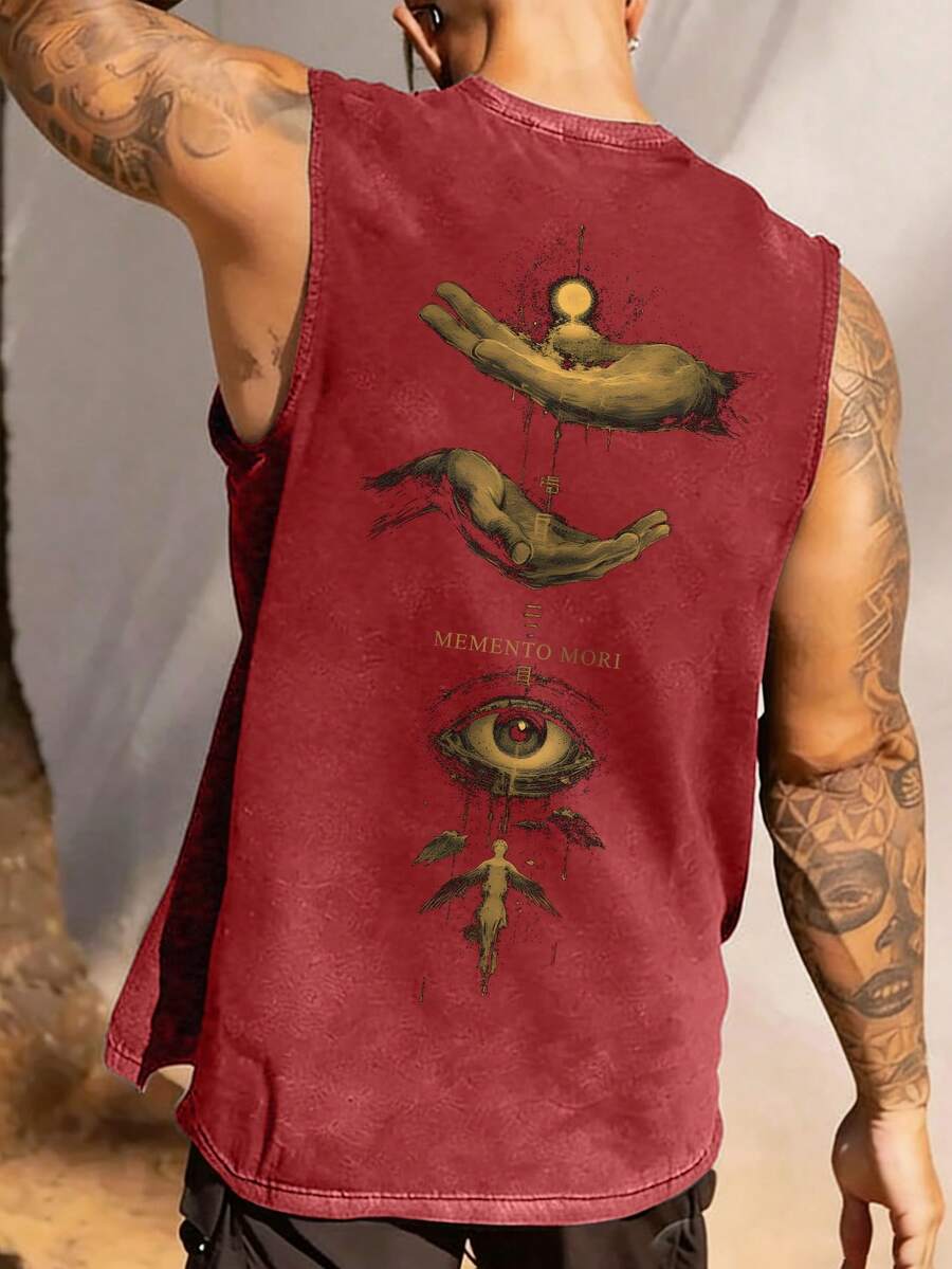 Manfinity Roghcode Tank Top Katun Minimalis Gaya Goth Pria, Burgundy, Musim Panas, Pakaian Jalanan, Liburan Kota, Hem Pendek Bertekstur Rusak, Tekstur Timbul Salib Sederhana, Hadiah Kasual - Merah - View 1