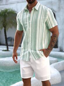 VENTUSAIL Men's Casual Button-Down Short Sleeve Shirt, Summer - Green - View 4