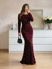 Modelyn Women's Fashion Autumn And Winter Banquet Party Princess Socialite Elegant Internet Celebrity Popular Dresses That Can Be Worn Daily. Super High Elastic Sequin Fabric Body Waist And Bodycon Long Dress, Fashionable Slimming Twist Design Dress, Red Dress Formal Dinner Dress, Christmas Dress Can Be Worn On Christmas, Special Back Design Silk Fabric Splicing Fashionable And Slim, Prom Evening Gown, For Wedding Guest, Graduation - Burgundy - View 4